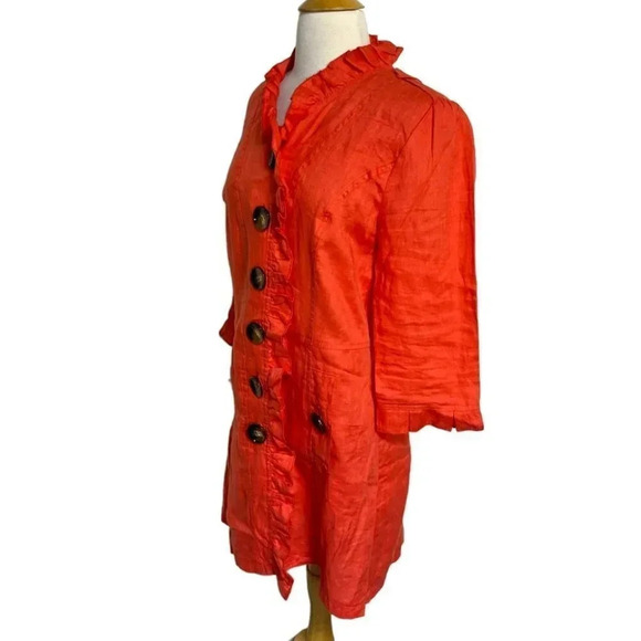 LUII M orange red linen button down light weight jacket or dress ruffles - Picture 3 of 6